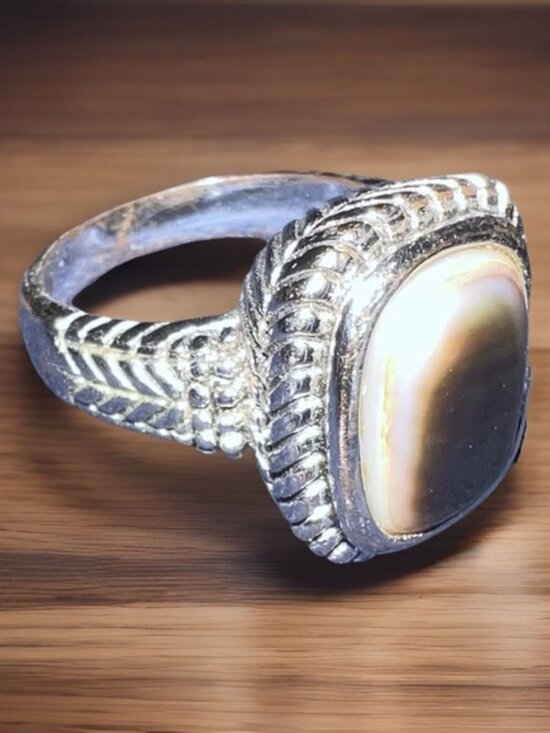 Silver Tone Ring Size 9.5 Smoky Opal Stone With Beaded Rectangular Border - Picture 4 of 4